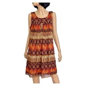 Chris Mclaughlin Chiffon Shift Dress 12 Sleeveless Boho Geo Tribal Orange Brown